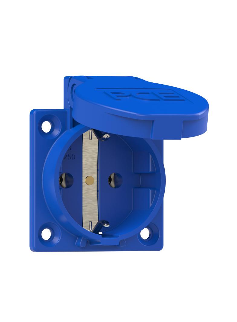 GNIAZDO WTYCZKOWE TABLICOWE 230V WERSJA SCHUKO Niebieskie tylne wprowadzenie przewodu (standard) IP5