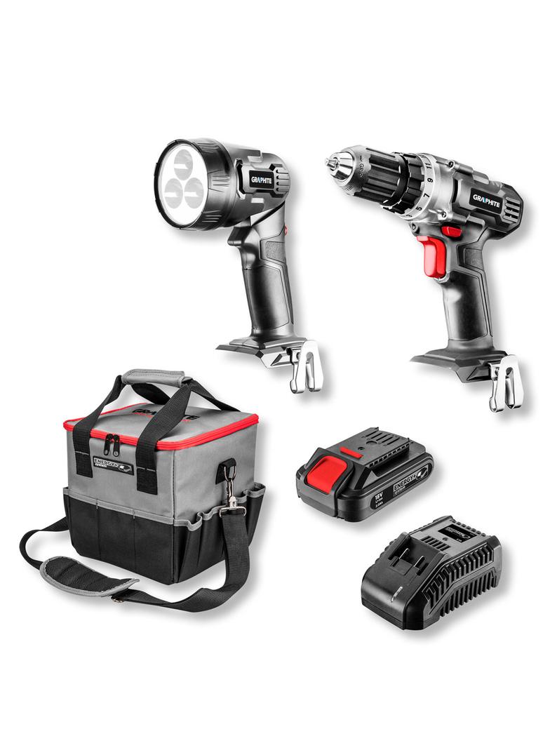 Zestaw elektronarzędzi akumulatorowych: wiertarko-wkrętarka, latarka, torba, akumulator Energy+ 18V,