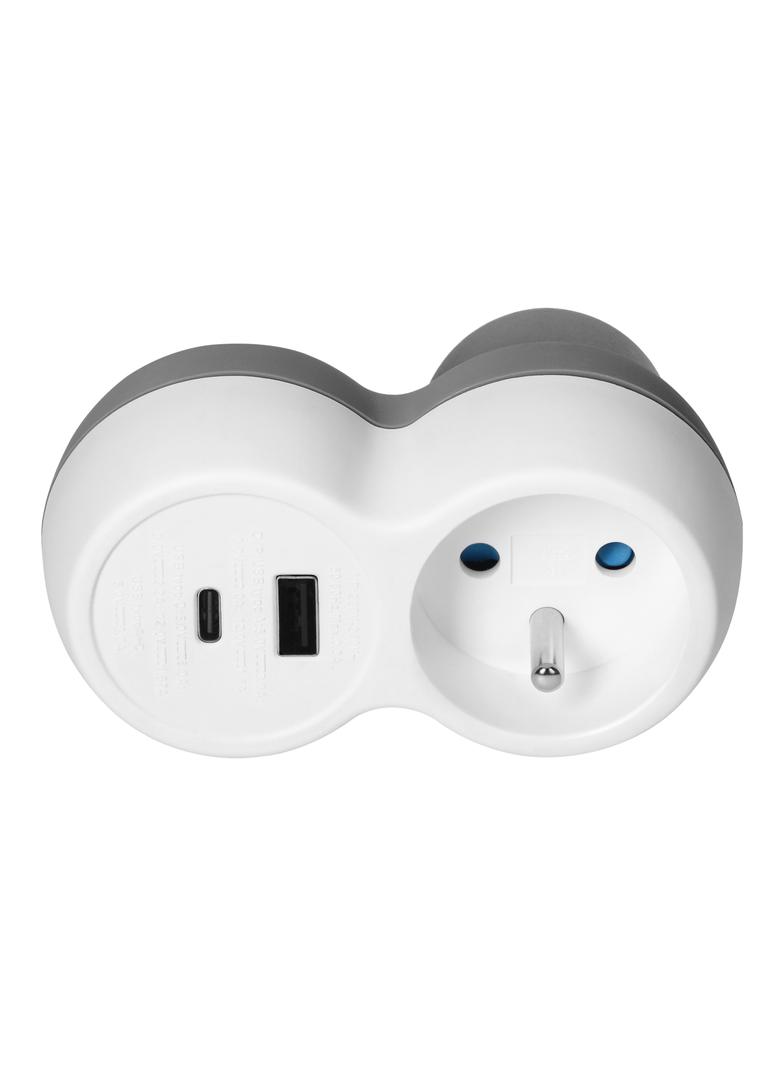 Rozgałęźnik 2P+Z, USB-A+C, biało-szary