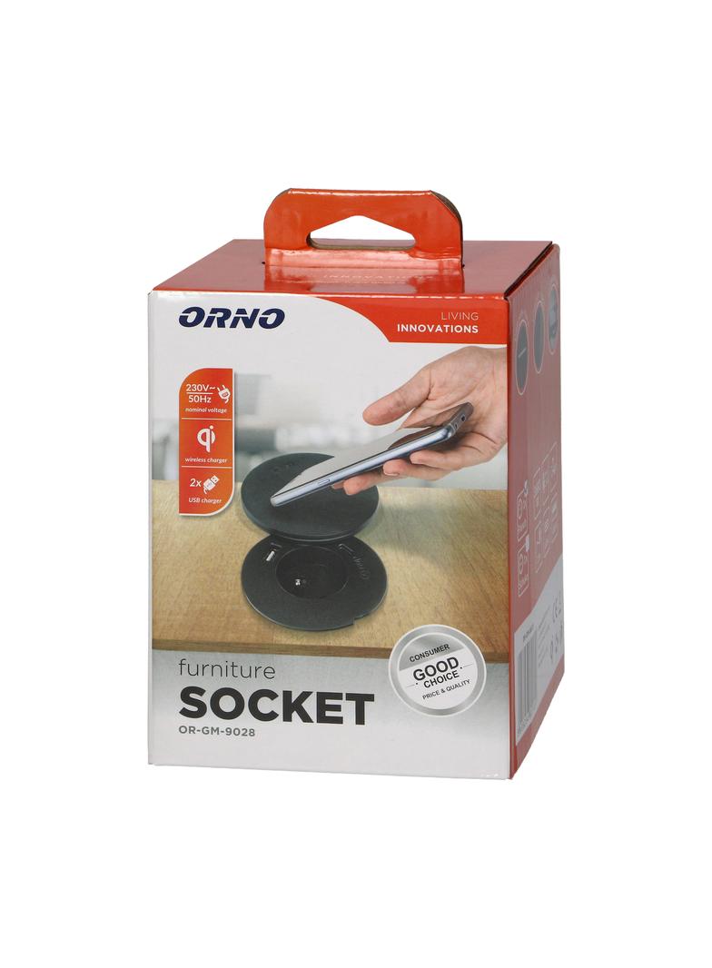 Gniazdo meblowe O6cm z rotacyjną pokrywą, ładowarką indukcyjną, ładowarką USB i przewodem 1,5m, 1x2P OR-GM-9028 ORNO