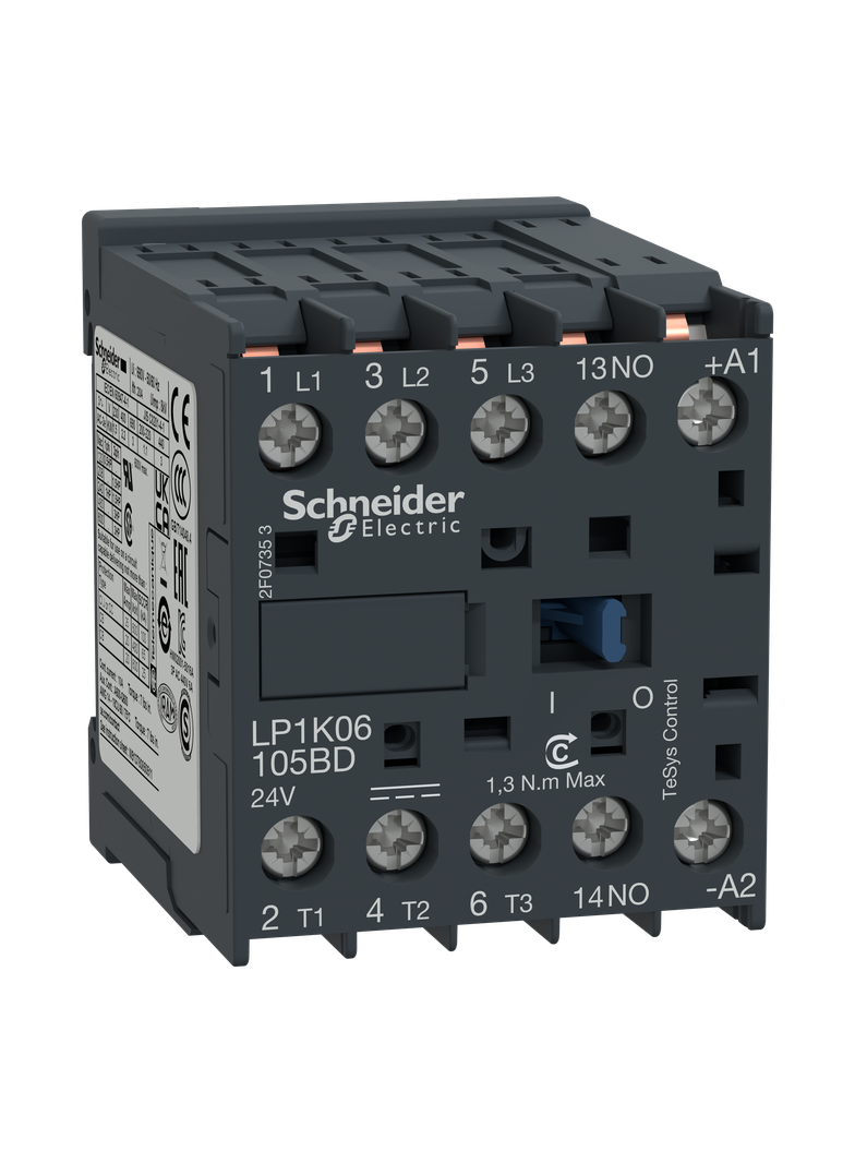 Stycznik mocy, TeSys K, 6A, 3P, 1NO, cewka 24VDC, nóżki lutownicze