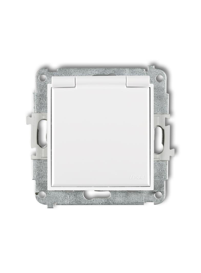 MINI Mechanizm gniazda bryzgoszczelnego z uziemieniem SCHUKO 2P+Z (klapka biała, przesłony torów prą