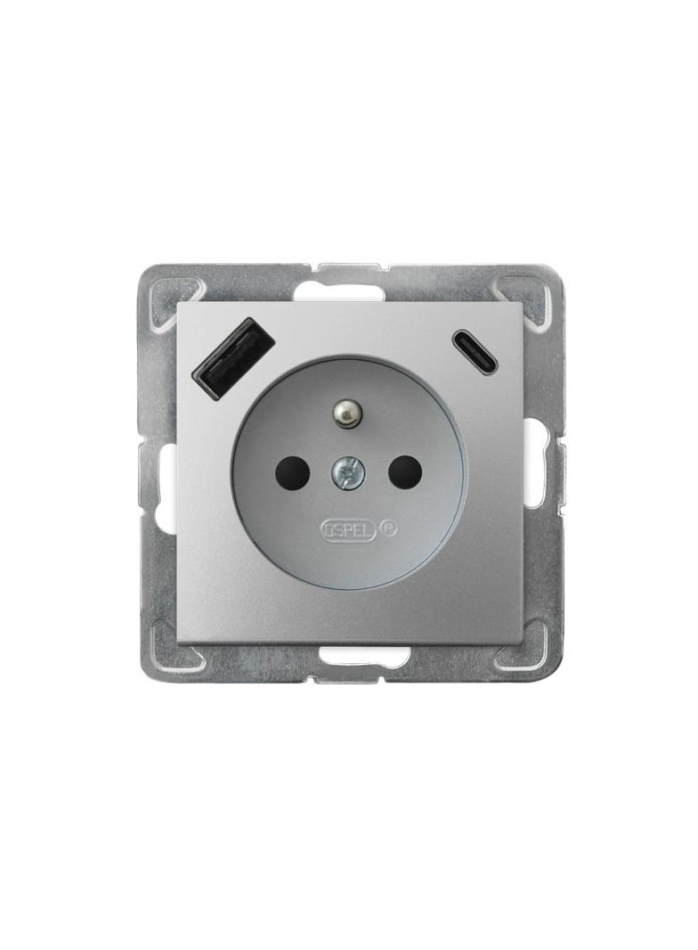 Gniazdo pojedyncze z uziemieniem z ładowarką A+C IMPRESJA SREBRO