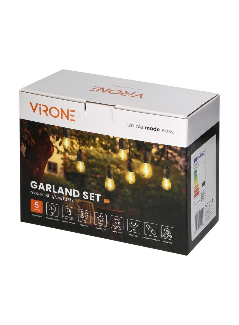 Zestaw girlanda oświetleniowa 5 m, IP44, czarna + 5 żarówek LED 1W E27, 3000K + 1 żarówka gratis