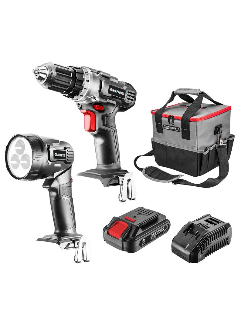 Zestaw elektronarzędzi akumulatorowych: wiertarko-wkrętarka, latarka, torba, akumulator Energy+ 18V,