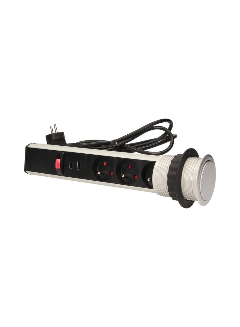 Gniazdo meblowe 3x2P+Z, 2xUSB, wysuwane z blatu 6cm, z blokadą i przewodem 1,8m
