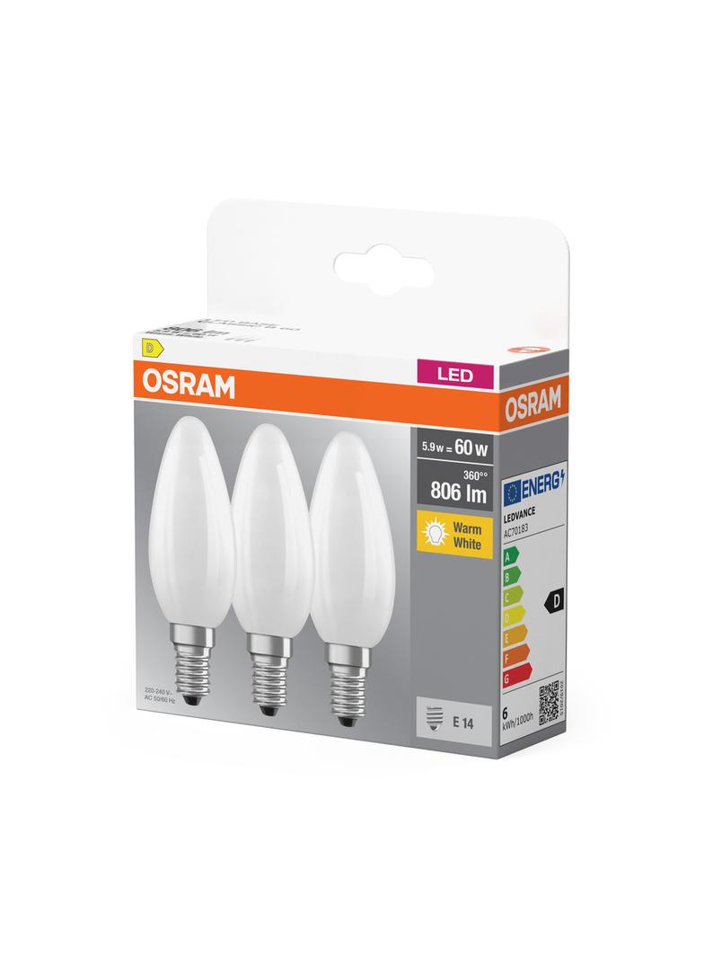 Żarówka LED x3 B35 Świeczka E14 5.5W = 60W 806lm 2700K Ciepła 300° BASE Osram