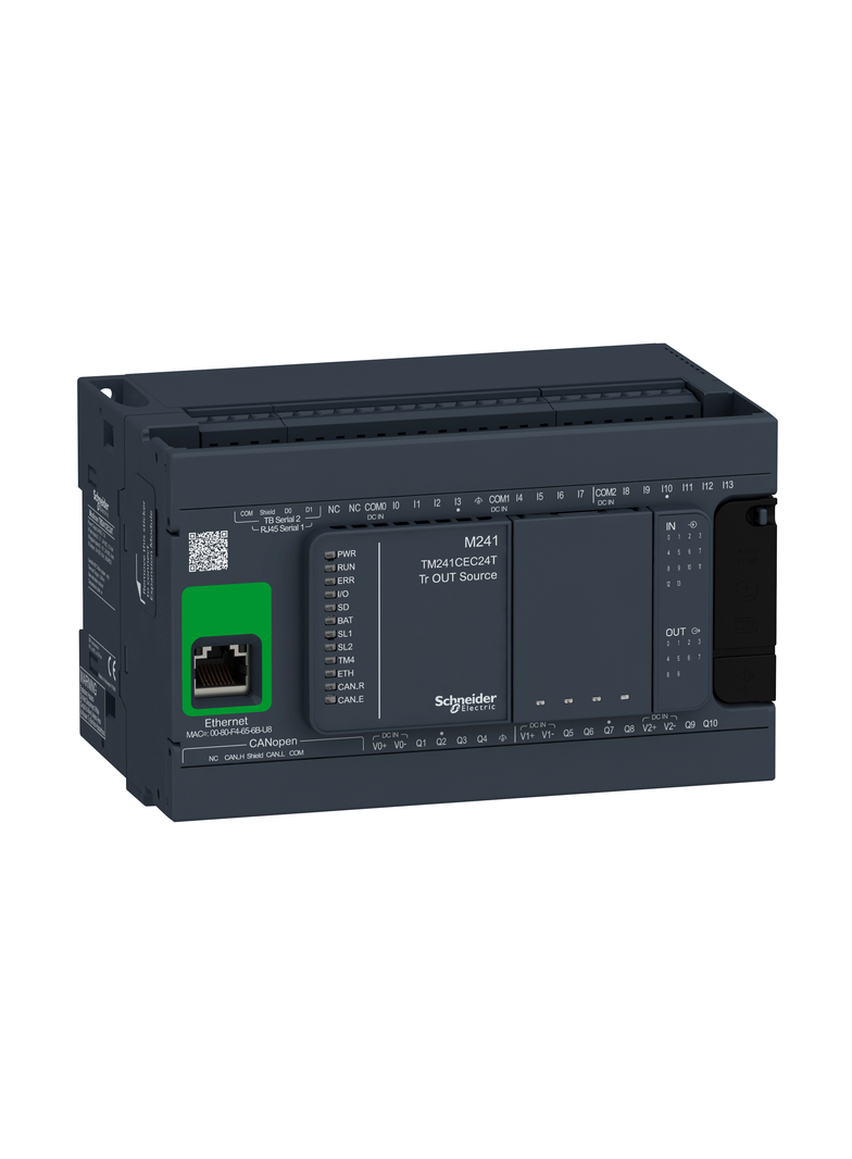 Modicon M241, sterownik, RJ45, Ethernet, CANopen, 14 wejść, 10 wyjść tranzystorowych PNP, 24 VDC