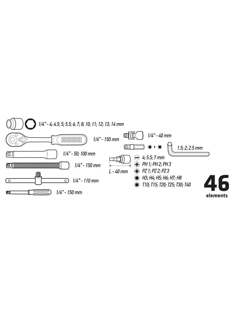 Klucze nasadowe 1/4", zestaw 46 szt.