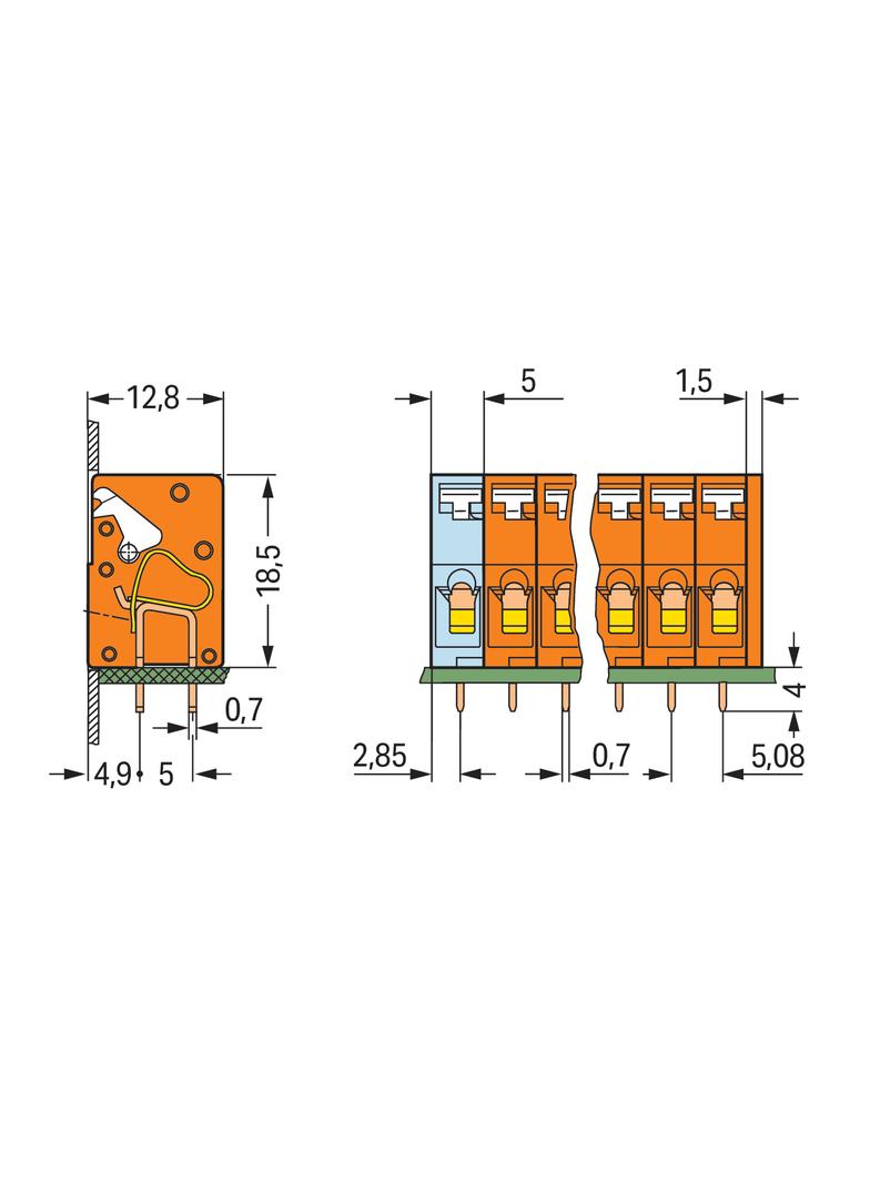 listwa przepustowa do p. drukowanych 6-bieg. pomarańczowa raster 5,08 mm