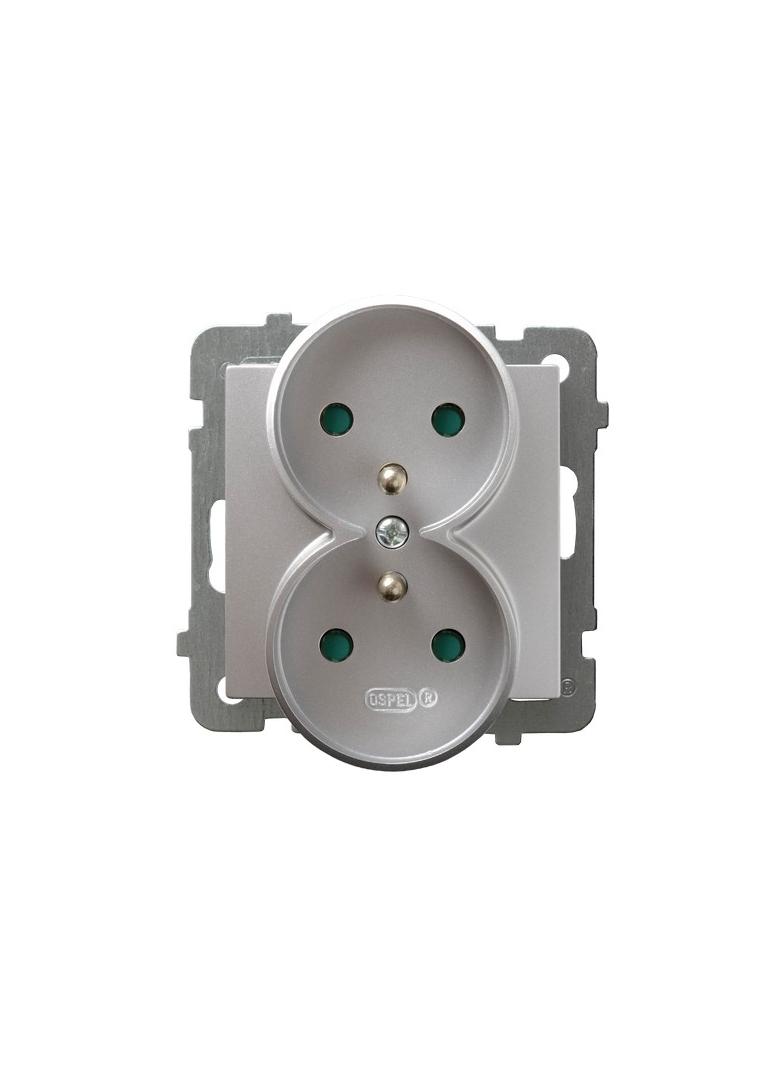 AS Gniazdo podwójne z uziemieniem z przesłonami torów prądowych, moduł bez ramki - kolor srebro