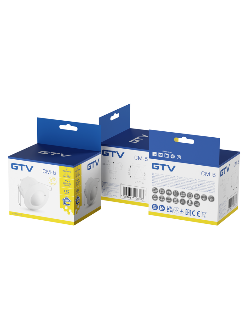 CZUJNIK MIKROFALOWY RUCHU CM-5, MAX 1200W, AC220-240V, 50/60HZ, KĄT DZIAŁANIA 360*, ZASIĘG 1-8M ± 1,