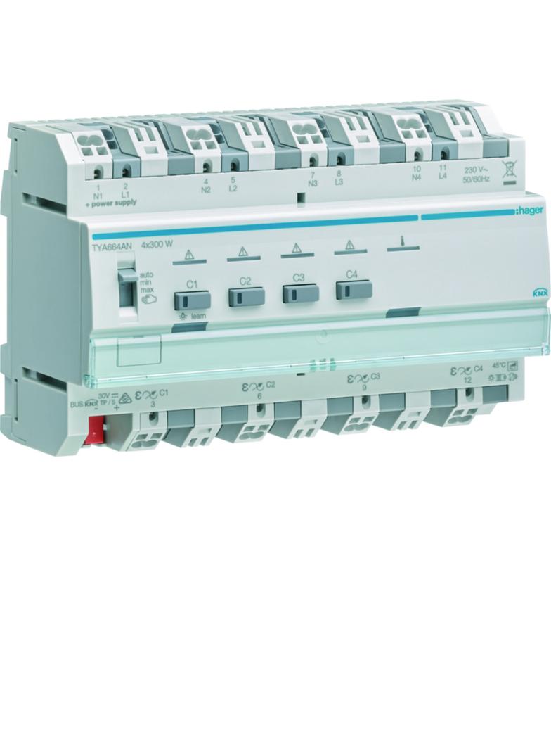 KNX system Ściemniacz uniwersalny 4-kan 4x300 W wielofazowy f. sumowania obc. TYA664AN HAGER