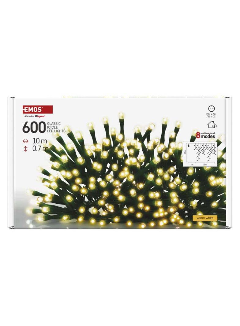 Lampki choinkowe sople XMAS różne tryby 9W 600LED 10m IP44 ciepły biały D4CW03 EMOS