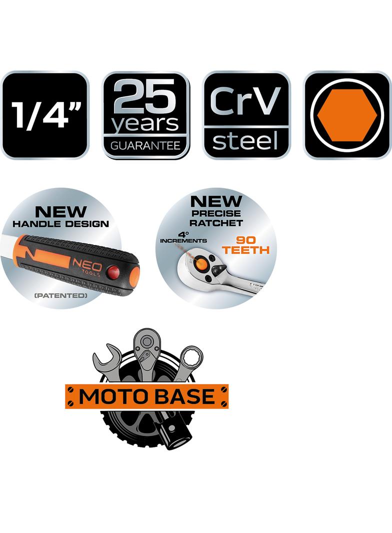 Klucze nasadowe, 1/4”, CrV, zestaw 46 szt.