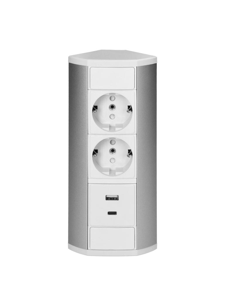Gniazdo meblowe 2x2P+Z (Schuko), 2xUSB (typ A+C; 2,4A), biało-srebrne