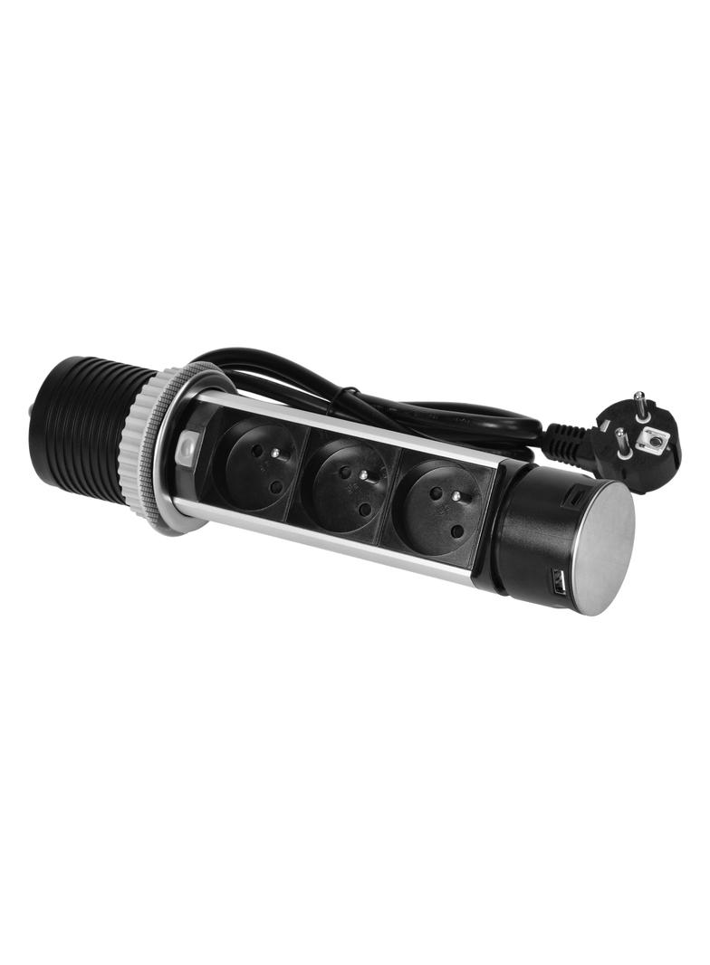 Gniazdo meblowe O6cm wysuwane z blatu z ładowarką USB i przewodem 1,5m 3x2P+Z 2xUSB (typ A i typ C O