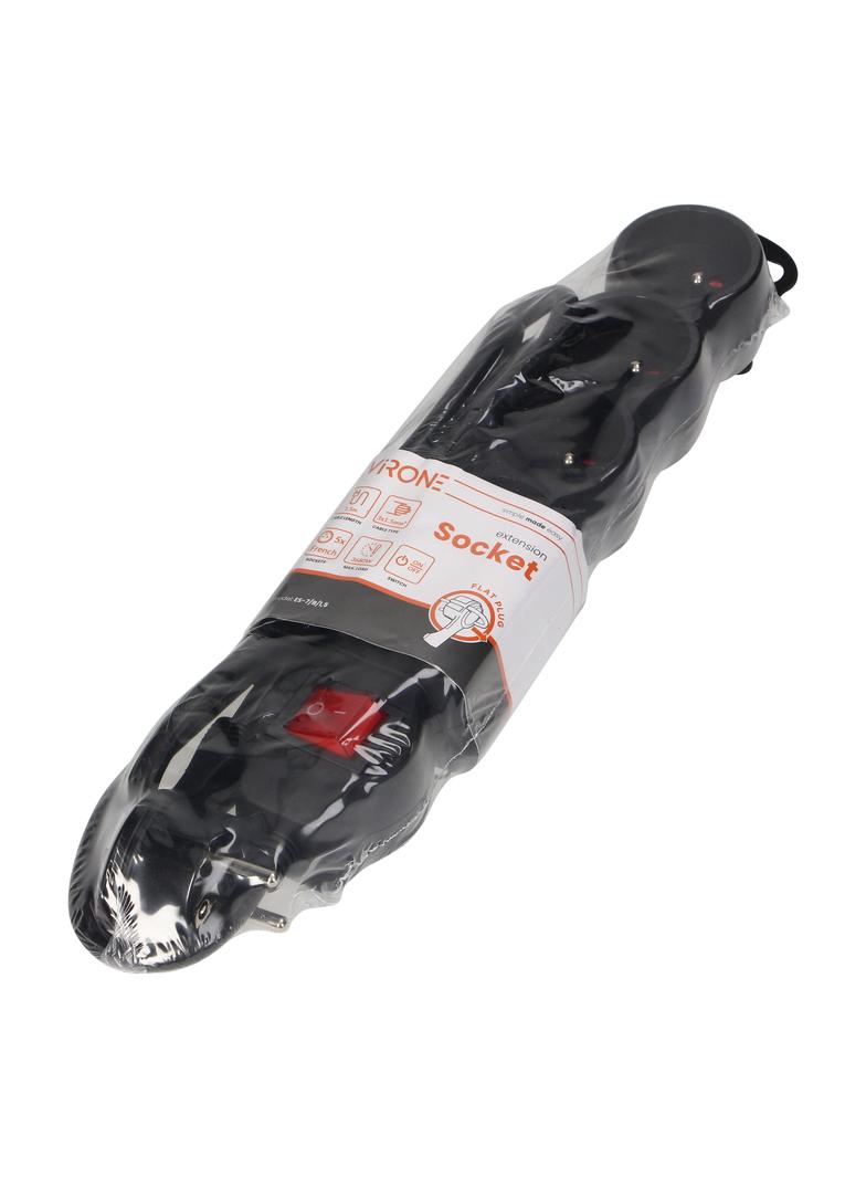 Przedłużacz 5-krotny z wyłącznikiem 1,5m H05VV-F 3x1,5mm2 Imax=16A płaska wtyczka czarny ES-7/B/1,5