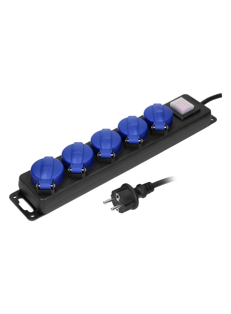 Przedłużacz warsztatowy bryzgoszczelny z wyłącznikiem, 5 gniazd 2P+Z, IP44, schuko przewód gumowy, H