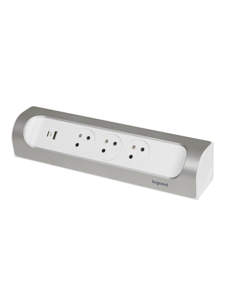 PRZEDŁUŻACZ NAROŻNY 3X2P+Z, USB A+C, BEZ PRZEWODU (WIELOGNIAZDOWY BLOK PRZENOŚNY) - BIAŁY/ALUMINIUM,