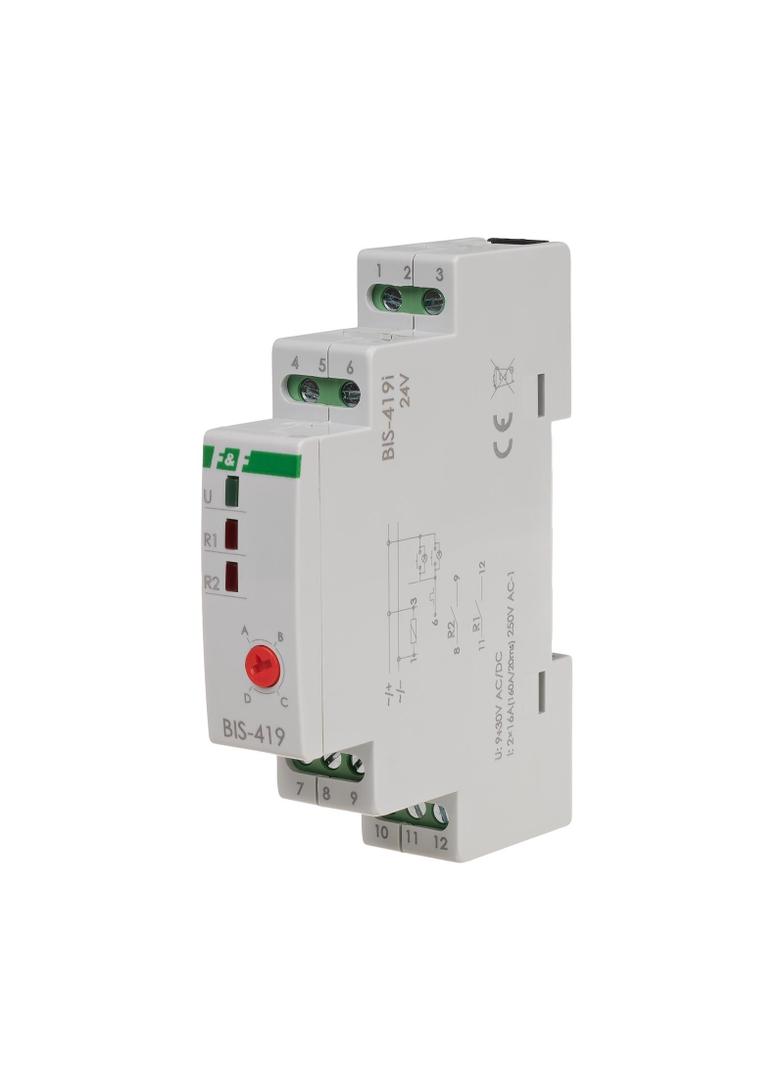 Przekaźnik bistabilny 9-30 V AC/DC 4 funkcyjny DIN dwa obwody sterowania z przekaźnikiem inrush 160A/20ms BIS-419-LED-24V F&F