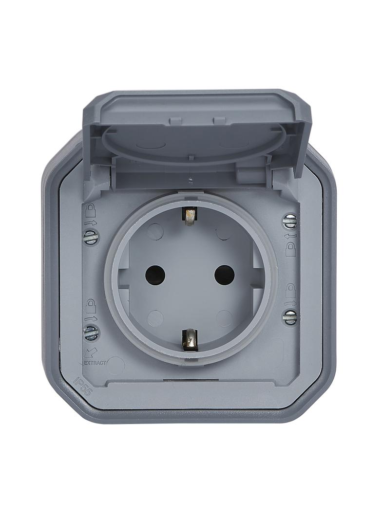 NOWE PLEXO - GN. SCHUKO 2P+Z ZACISKI ŚRUB KOMPLET NATYNKOWY 16A-250V~ SZARE