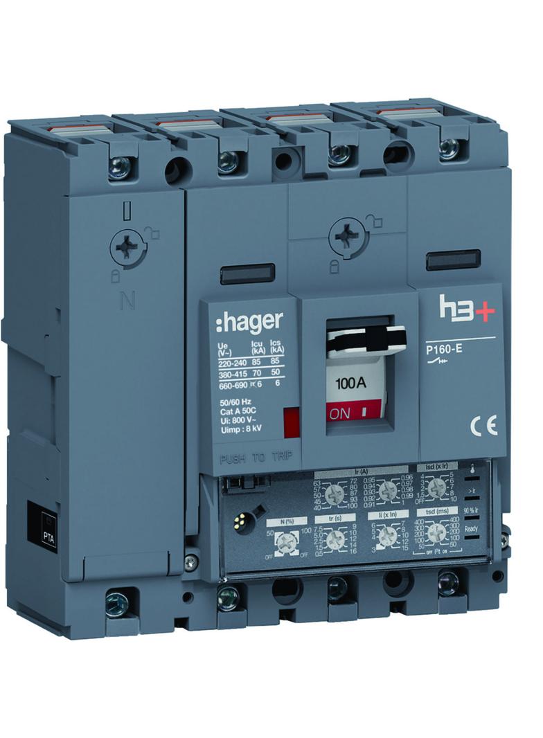 MCCB Wyłącznik mocy h3+ P160 4P 100A 70kA LSI HES101JC HAGER