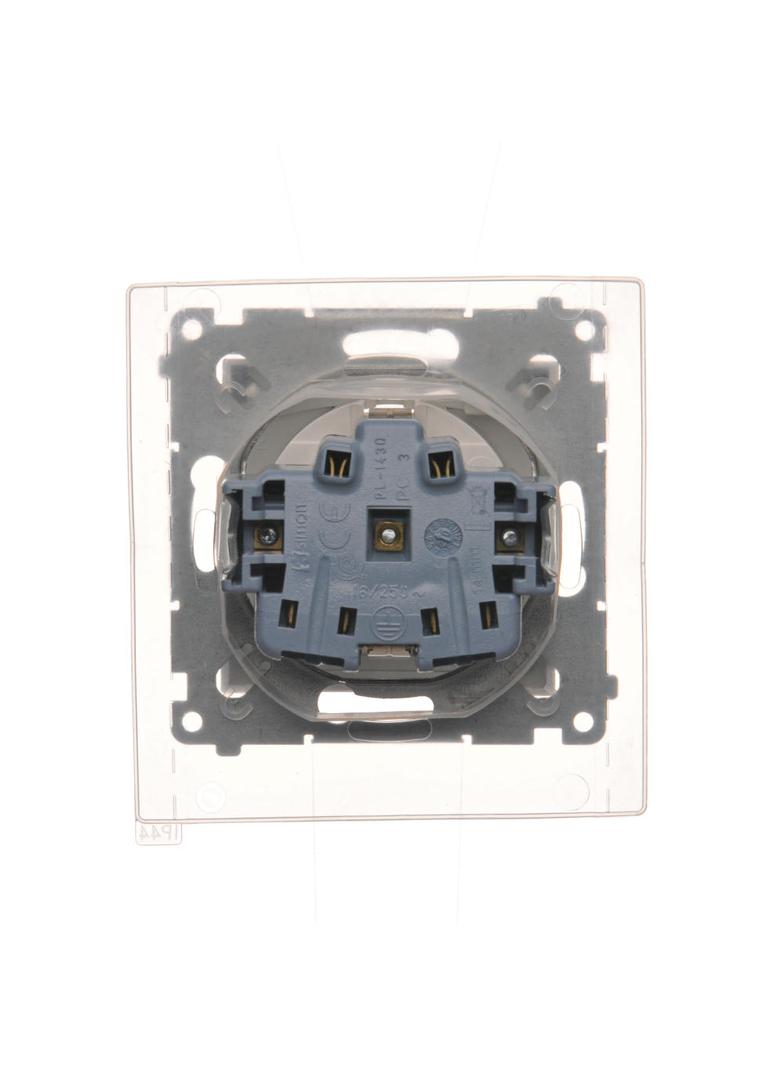 Simon 54 Gniazdo Schuko IP44 z przesłonami z uszczelką ramki 16A z. śrub. klapka transp. biały