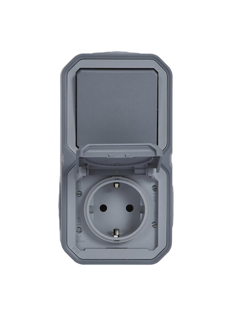 NOWE PLEXO - GN. SCHUKO 2P+Z + ŁĄCZ. SCHODOWY KOMPLET NATYNKOWY 16A- 250V~ SZARE