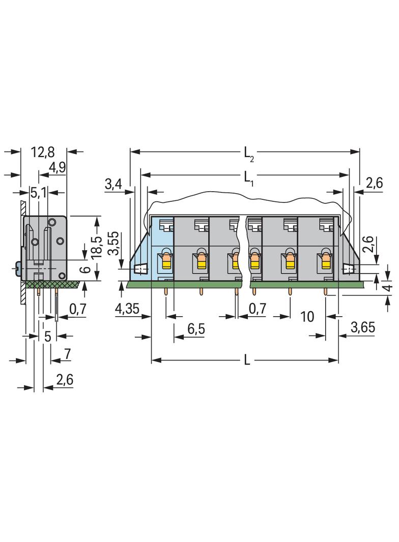listwa przepustowa do p. drukowanych 4-bieg. szara raster 10 mm