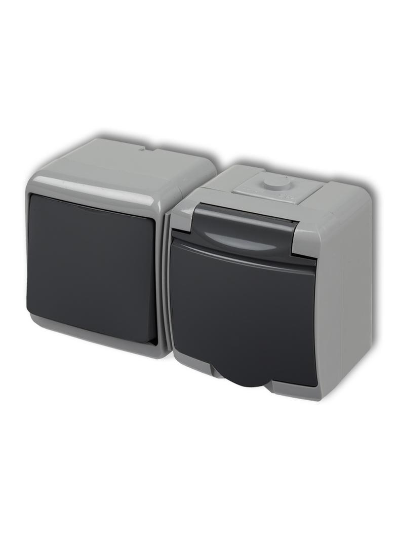 JUNIOR Łącznik jednobiegunowy z gniazdem pojedynczym z uziemieniem 2P+Z (klapka grafitowa; bez przes