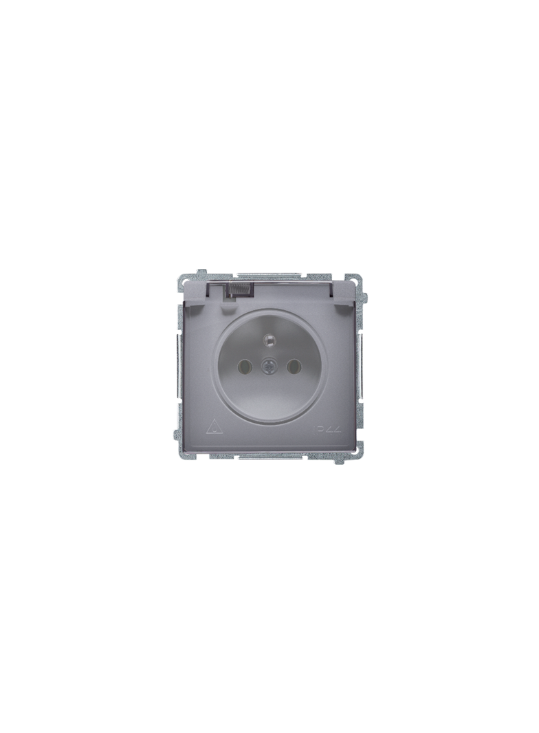 Simon Basic Gniazdo wtyczkowe z uziemieniem bryzgoszczelne IP44 16A 250V zaciski śrubowe. Klapka transparentna srebrny mat BMGZ1B.01/43A KONTAKT