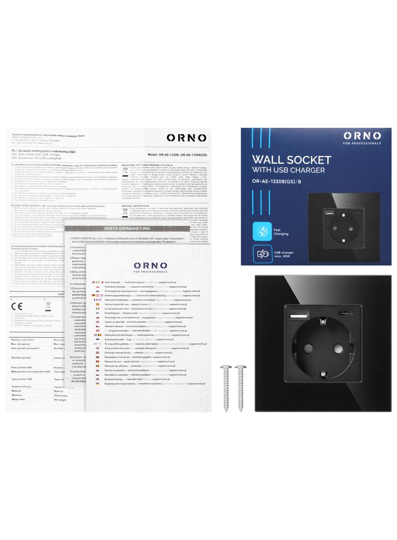 Gniazdo pojedyncze 2P+Z, Schuko, USB-A + USB-C, wyjście 5VDC max. 3A, czarny OR-AE-13308(GS)/B ORNO