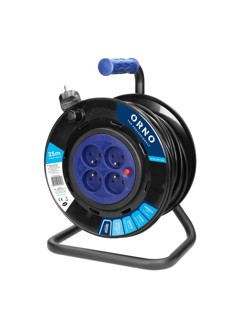 Przedłużacz bębnowy, 4 gniazda 2P+Z, kabel PVC H05VV-F 3x1,5mm2, długość 25m, stałe gniazda, termik,