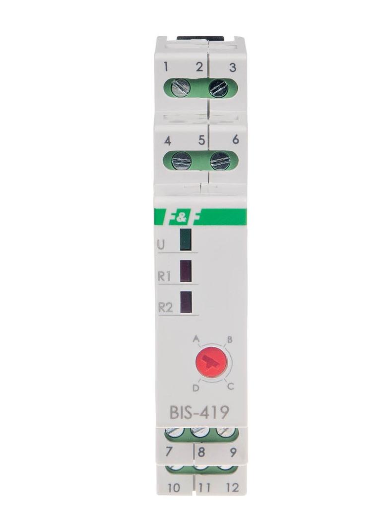 Przekaźnik bistabilny 4 funkcyjny DIN dwa obwody sterowania z przekaźnikiem inrush 160A/20ms BIS-419-LED F&F