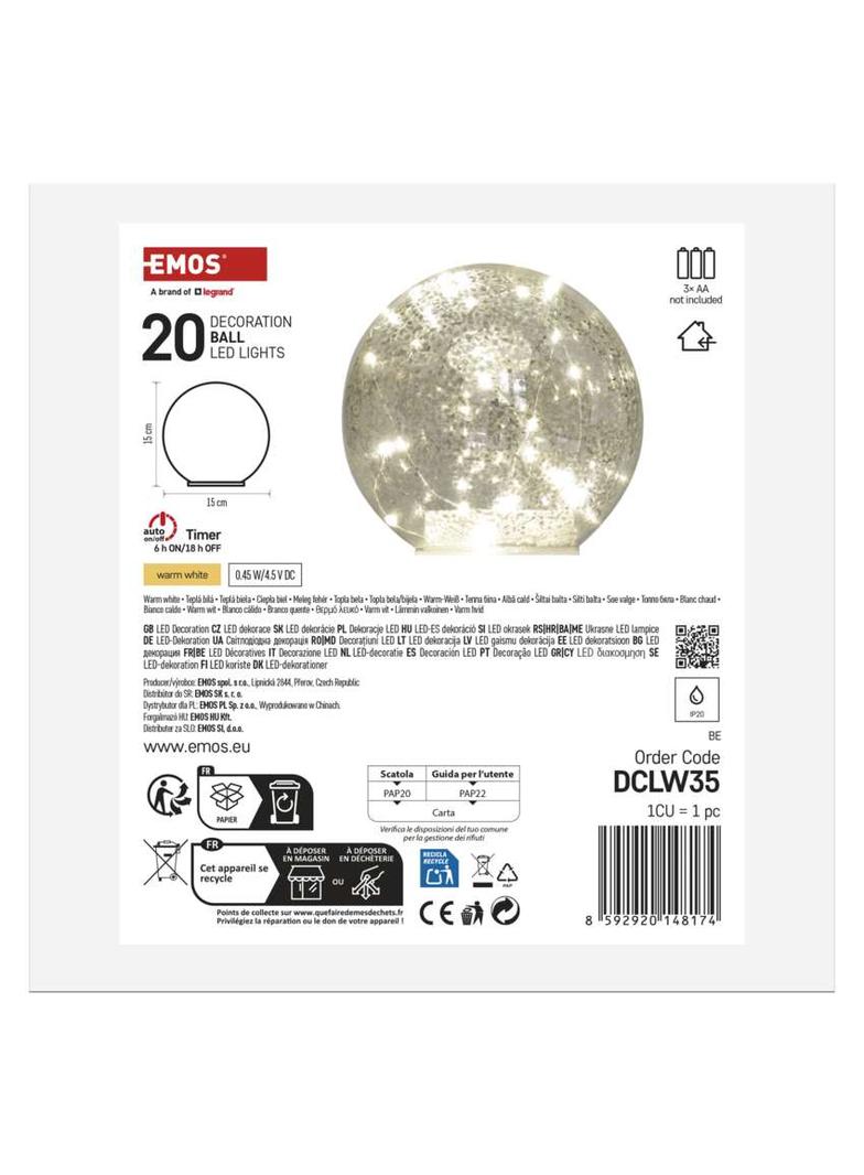 Ozdoba świąteczna kula szklana 20 LED 15 cm 3xAA złota ciepła biel IP20 timer DCLW35 EMOS