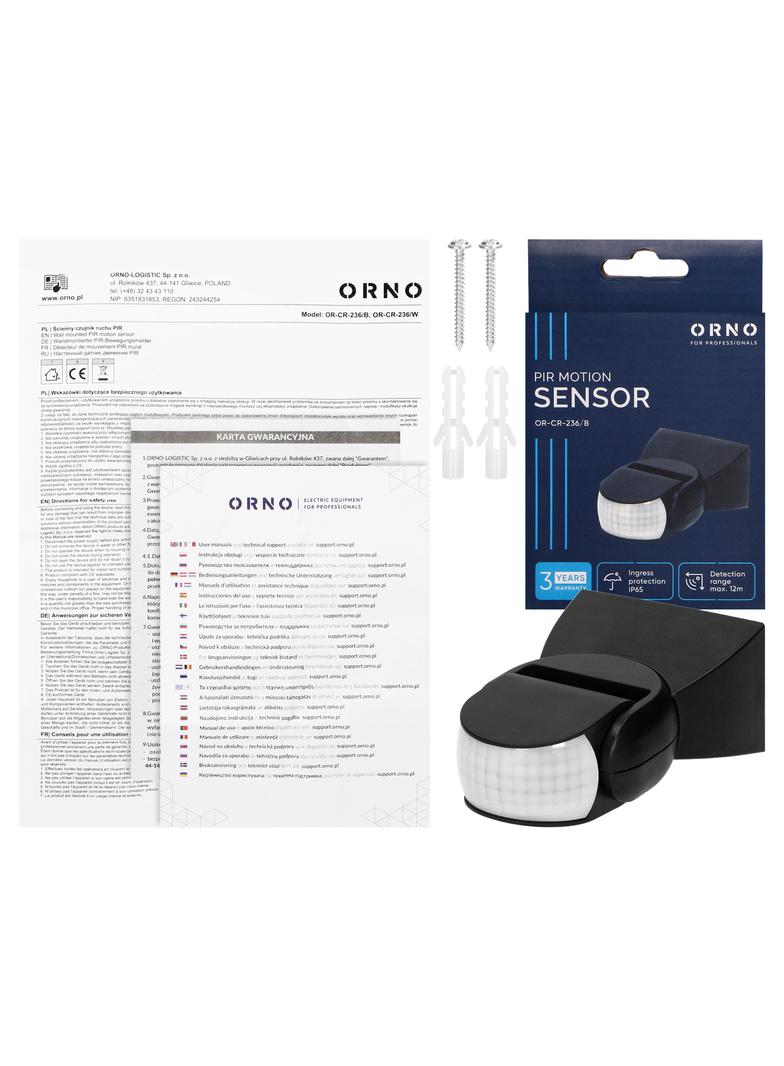 Czujnik ruchu 180st. regulacja pionowa i pozioma IP65 1200W czarny OR-CR-236/B ORNO