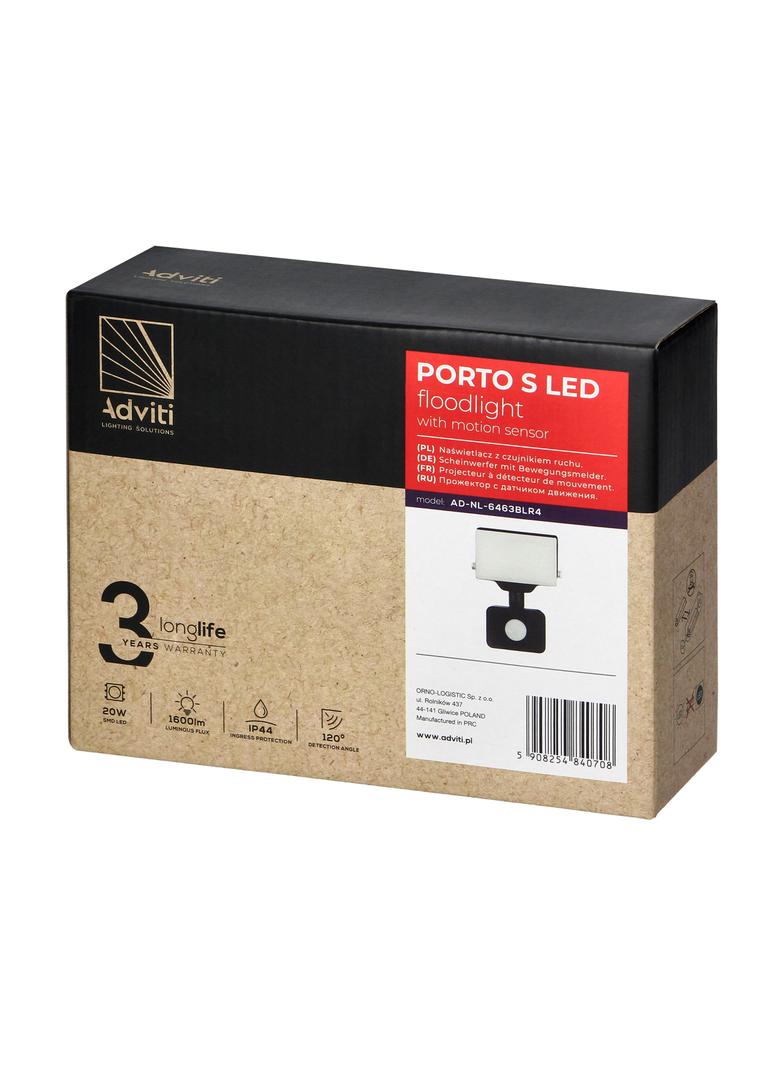 PORTO S LED 20W naświetlacz z PIR, 1600lm, IP44, 4000K, aluminium + poliwęglan AD-NL-6463BLR4 ORNO