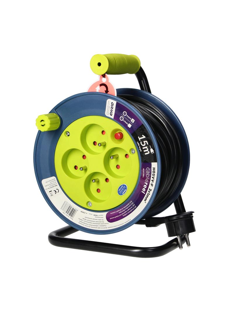 Przedłużacz bębnowy MINI, 4 gniazda 2P+Z, metalowy stojak, polwinit H05VV-F 3x1mm2 , długość 15m, limonkowy OR-AE-1339/L ORNO