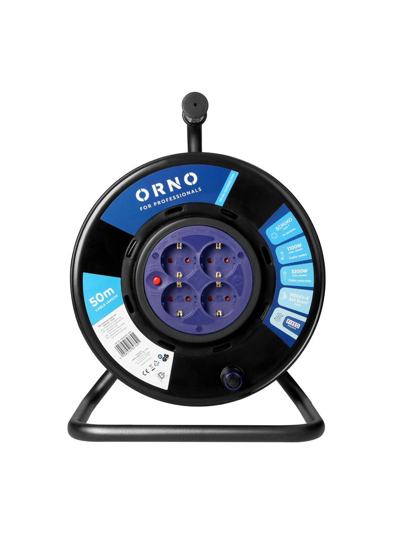 Przedłużacz bębnowy, 4 gniazda 2P+Z Schuko, kabel PVC H05VV-F 3x1,5mm2, długość - 50m, STAŁE GNIAZDA