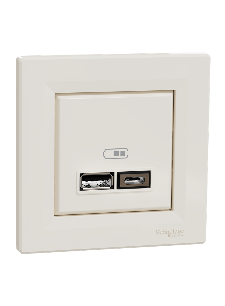 Asfora, gniazdo ładowania USB A+C 2,4A, z ramką, kremowe