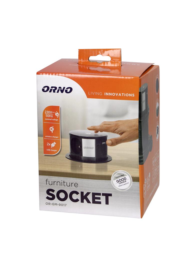 Gniazdo meblowe O10cm wysuwane z blatu z ładowarką indukcyjną, ładowarką USB i przewodem 1,5m, 3x2P+ OR-GM-9017 ORNO