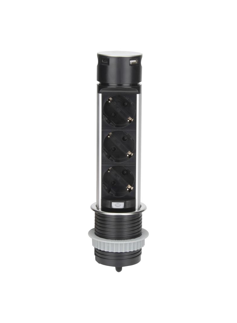 Gniazdo meblowe O6cm wysuwane z blatu z ładowarką USB i przewodem 1,5m 3x2P+Z (Schuko) 2xUSB (typ OR