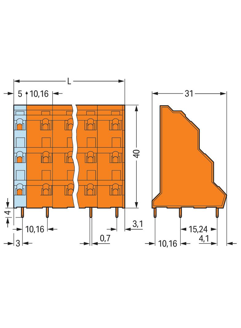 3-piętrowa listwa do pł. drukowanych 8-bieg. pomarańczowa raster 10,16 mm