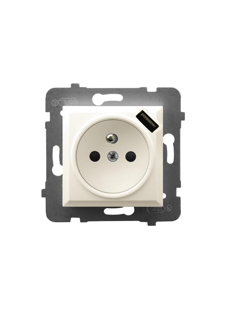 ARIA Gniazdo pojedyncze z uziemieniem z przesłonami torów prądowych, z ładowarką USB - kolor ecru