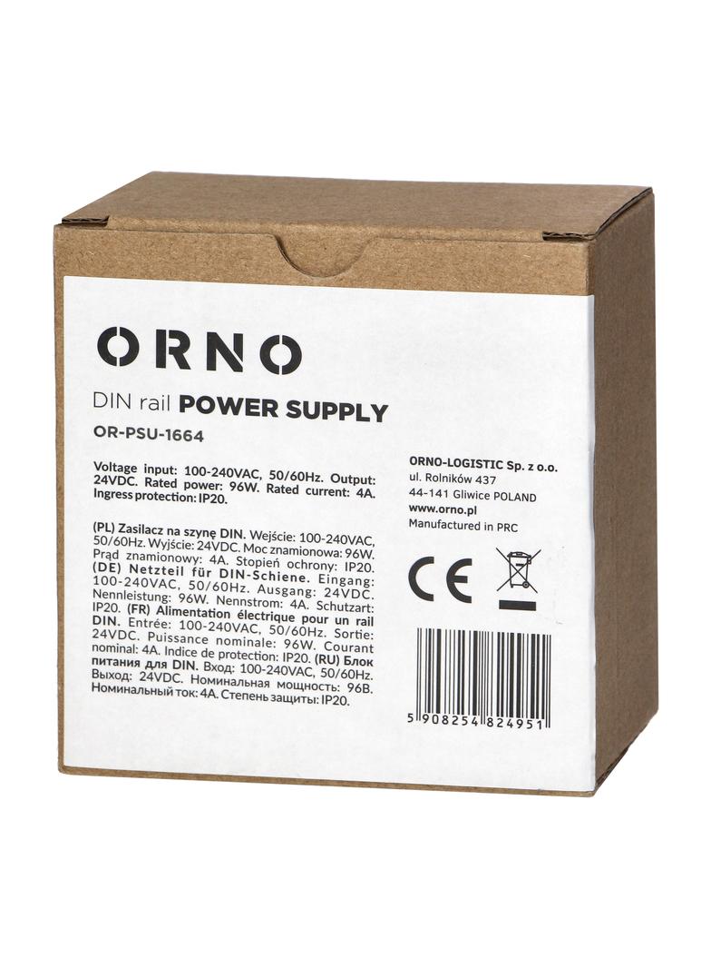 Zasilacz przemysłowy na szynę DIN 24VDC 4A 96W obudowa z tworzywa sztucznego OR-PSU-1664 ORNO