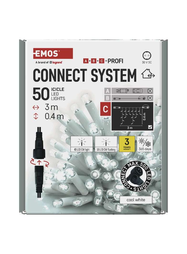 Oświetlenie łączone Profi sople 50 LED 3m zimna biel biały błyszcz. przewód IP44 timer D2CC04 EMOS
