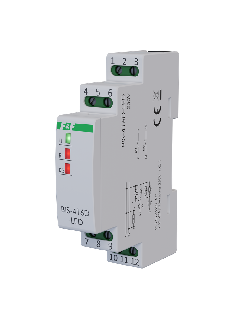 Przekaźnik bistabilny 2 kanałowy on/off Un=230V,I=2x10A InRush(120A/20ms) styki 2xNO,1S DIN BIS-416D-LED F&F
