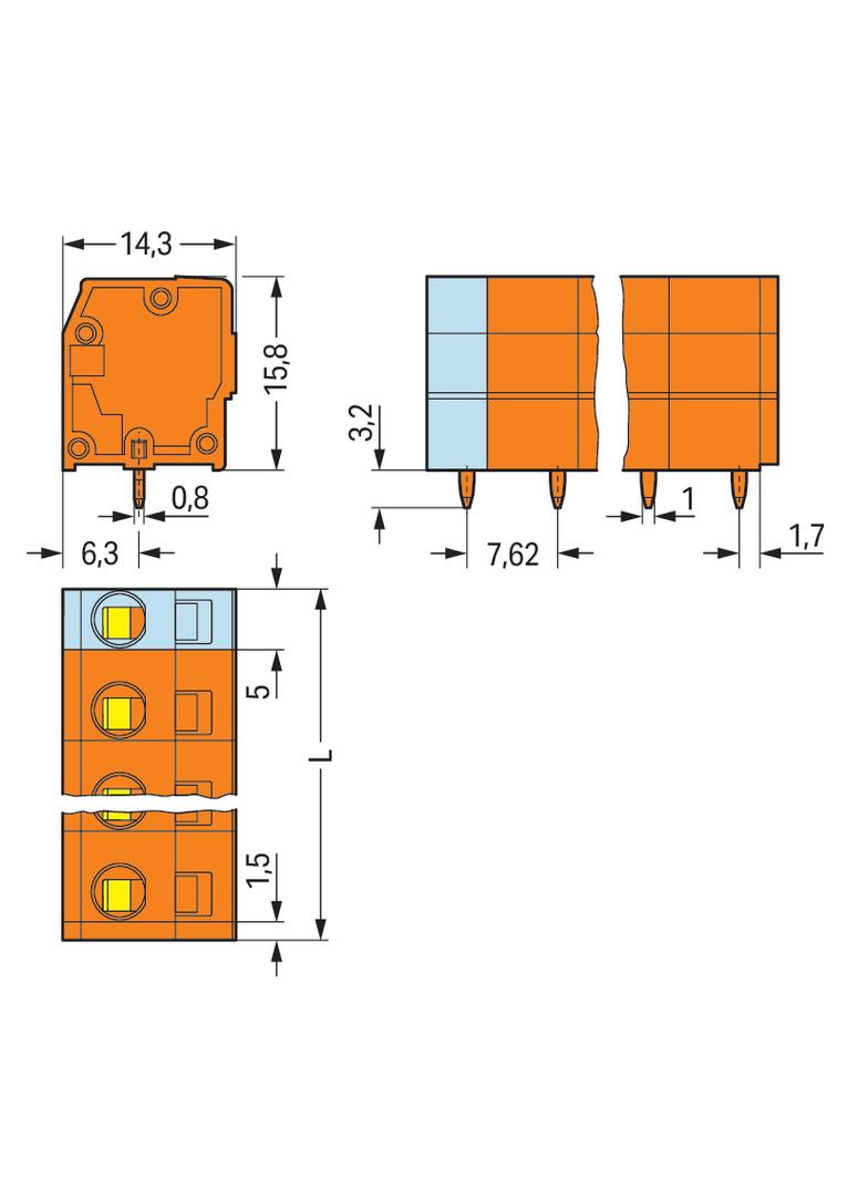 listwa zaciskowa do pł. drukowanych 6-bieg. pomarańczowa raster 7,62 mm