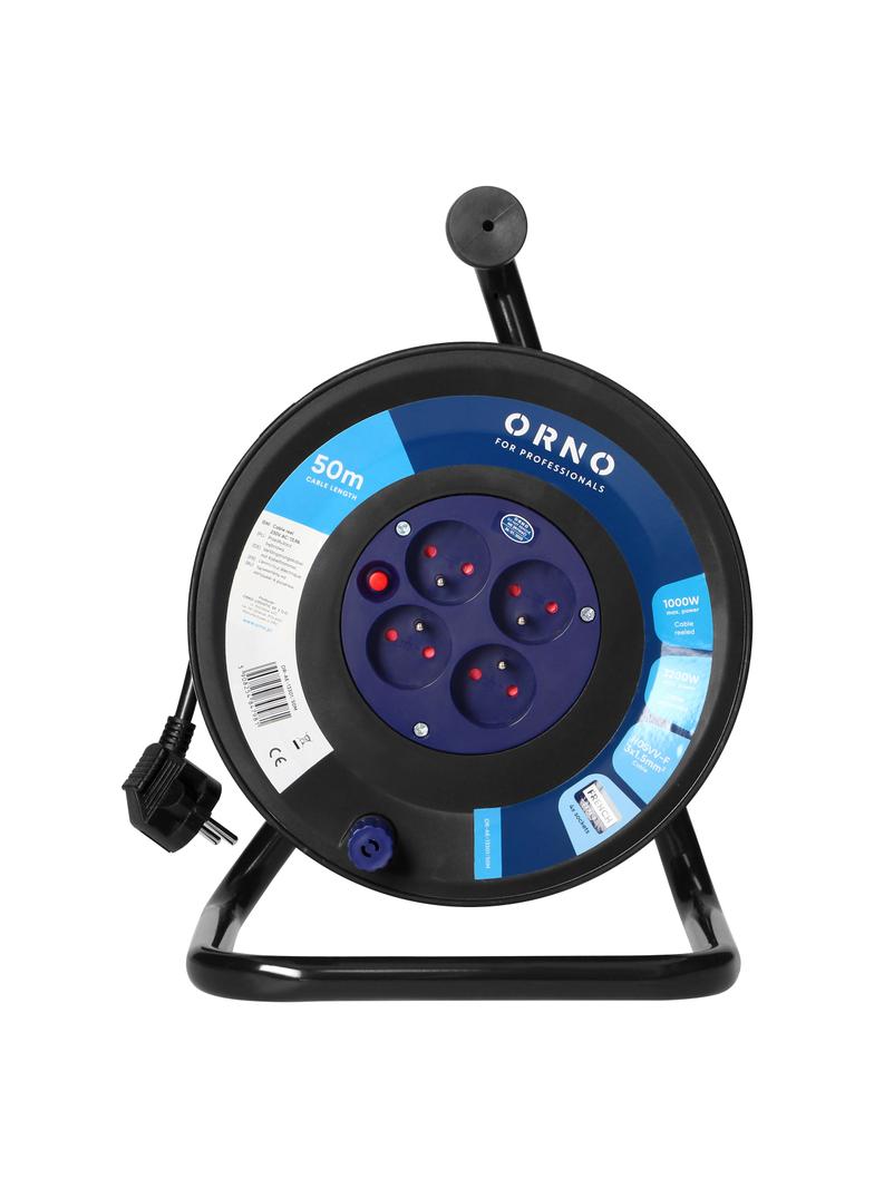 Przedłużacz bębnowy, 4 gniazda 2P+Z, kabel PVC H05VV-F 3x1.5mm2, 50m, termik, przesłony torów prądow